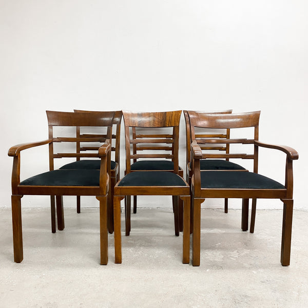 Six Art Deco Mahogany Framed Ladder Back Dining Chairs - New Upholstery