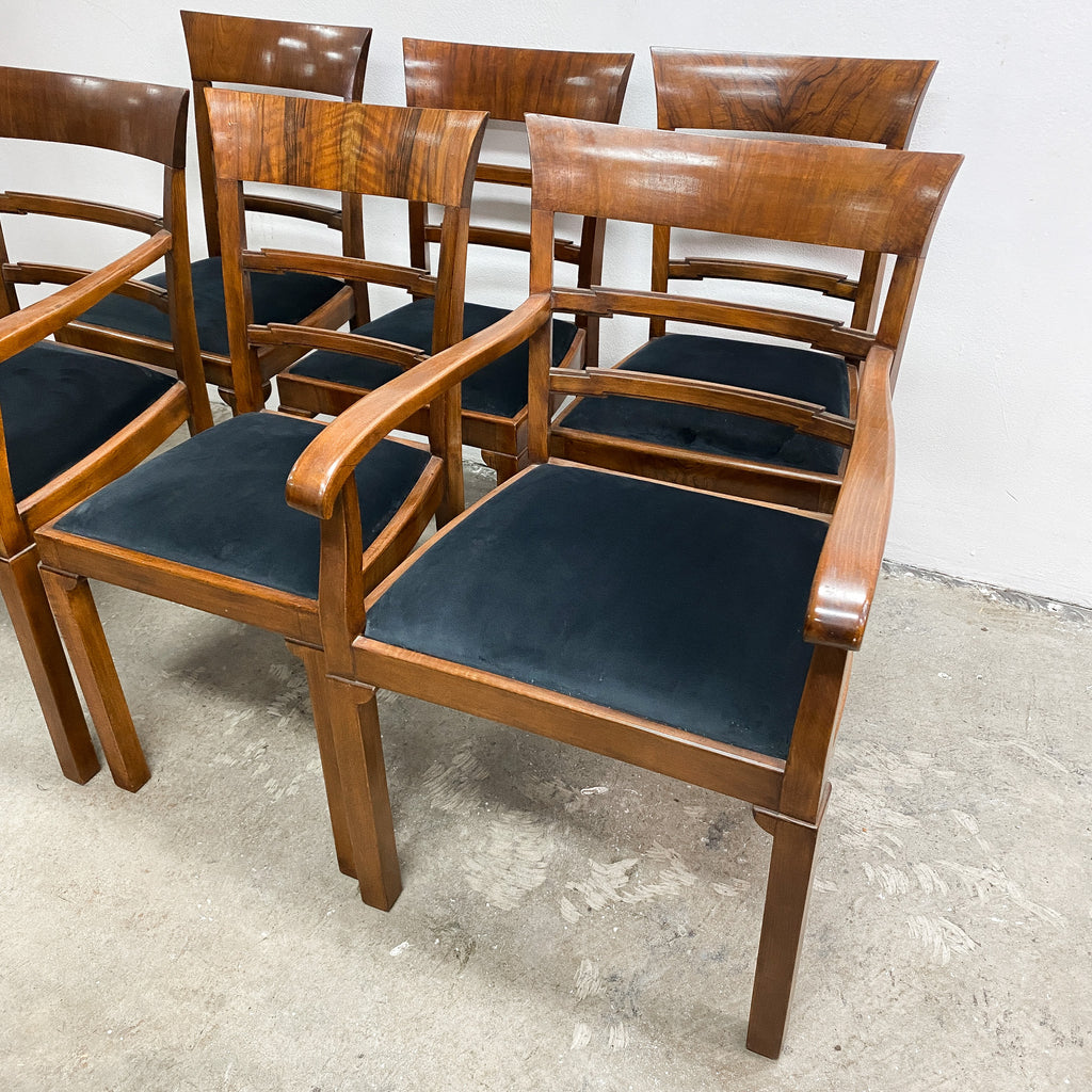 Six Art Deco Mahogany Framed Ladder Back Dining Chairs - New Upholstery