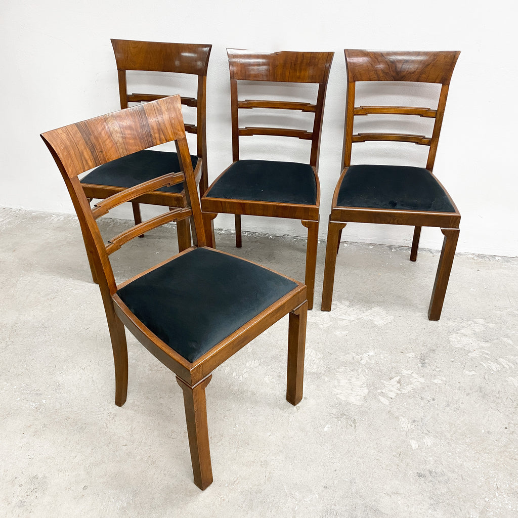 Six Art Deco Mahogany Framed Ladder Back Dining Chairs - New Upholstery
