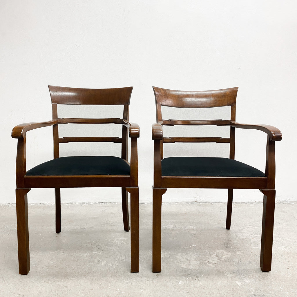 Six Art Deco Mahogany Framed Ladder Back Dining Chairs - New Upholstery