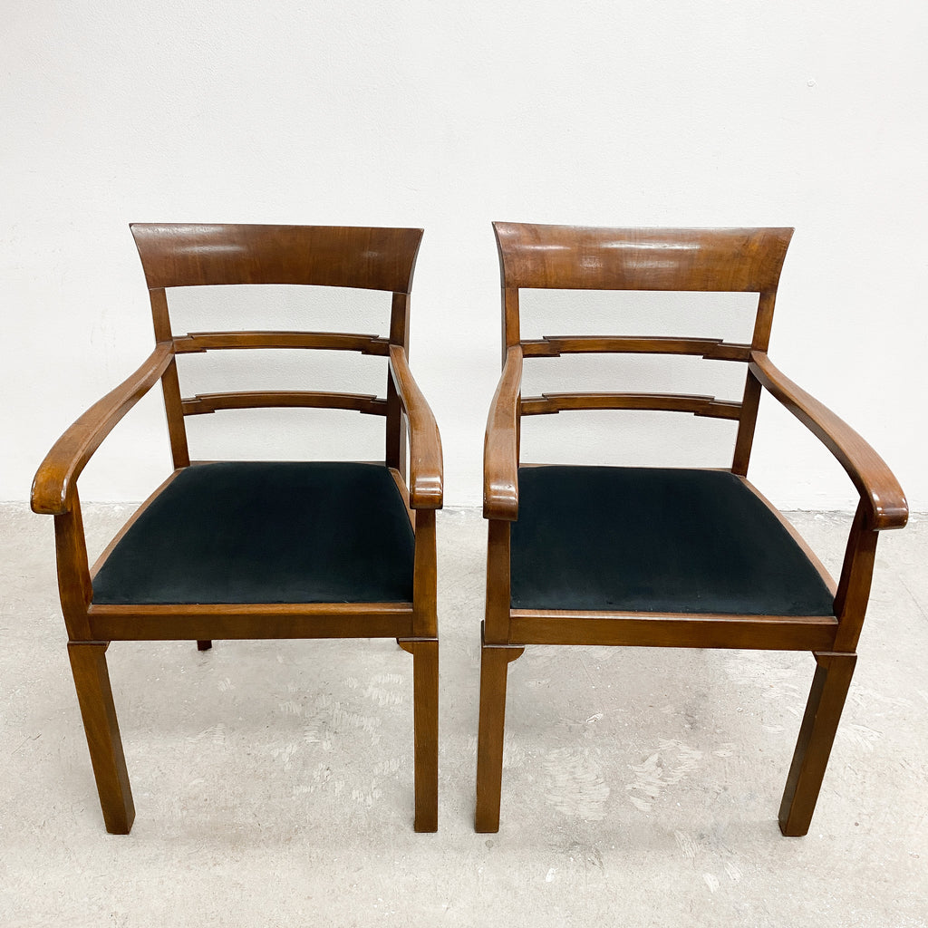 Six Art Deco Mahogany Framed Ladder Back Dining Chairs - New Upholstery