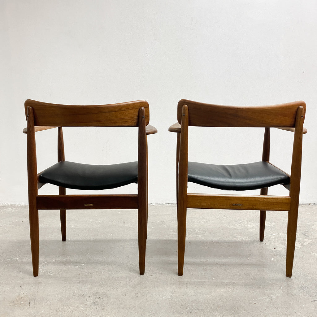 Pair Of Parker Mid Century Teak And Leather Nordic Armchairs - Restored