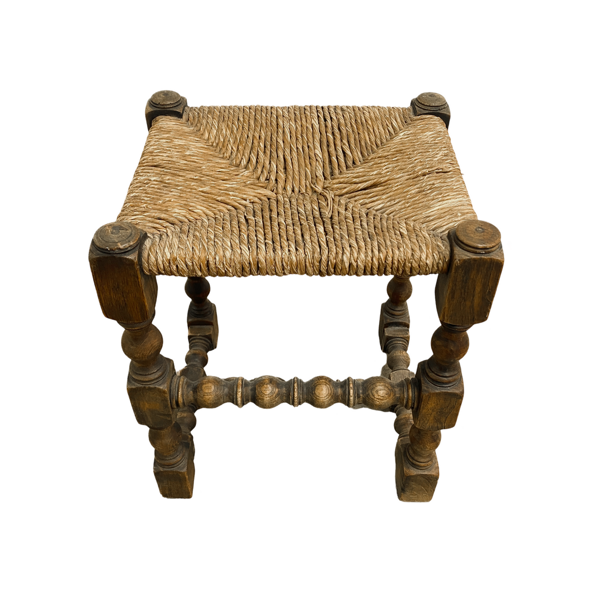 Vintage Footstool With Turned Legs And Rush Seat– The Design Ark
