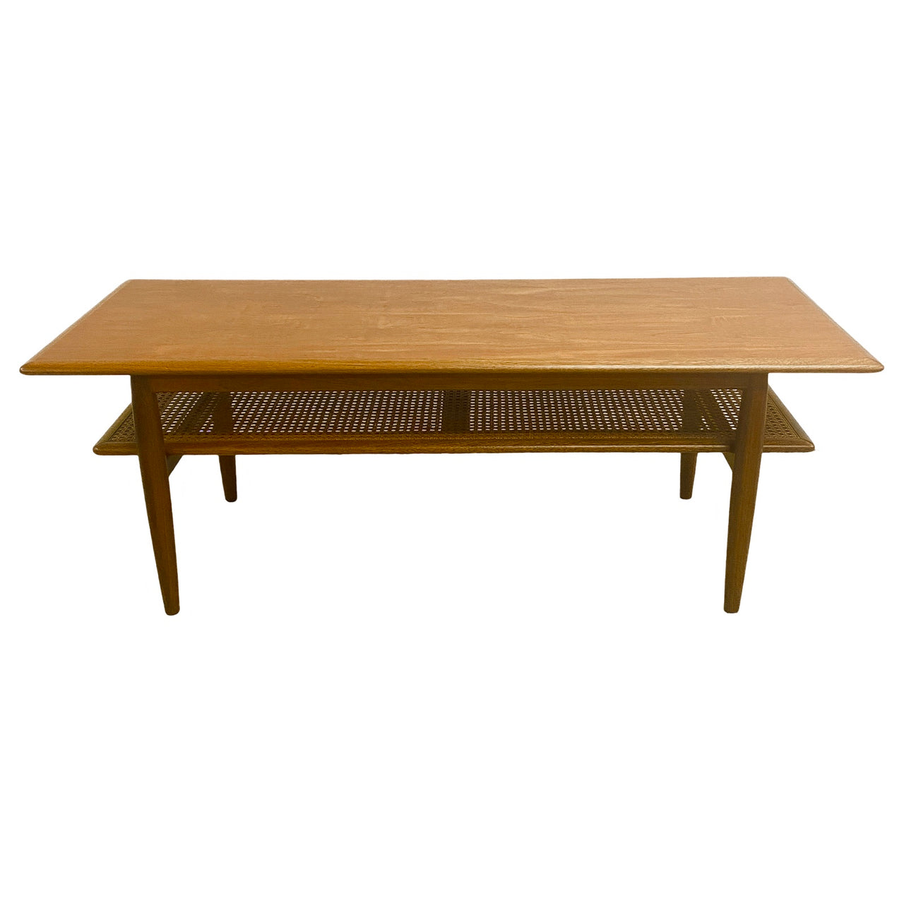 Mid Century Parker Teak Coffee Table With Rattan Shelf - Restored