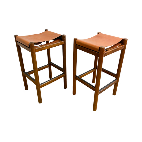 Rare Mary Featherston Mid Century 'Hobb' Stools With Tan Leather Seats - 2 Available