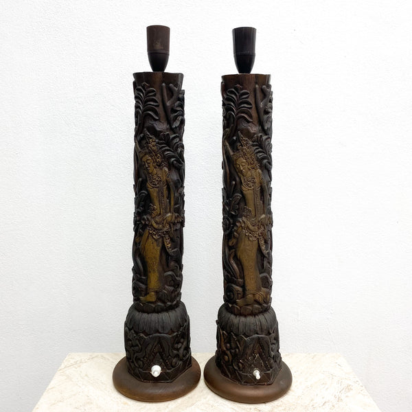 Pair Of Mid Century Asian Carved Wooden Lamp Bases 1960s