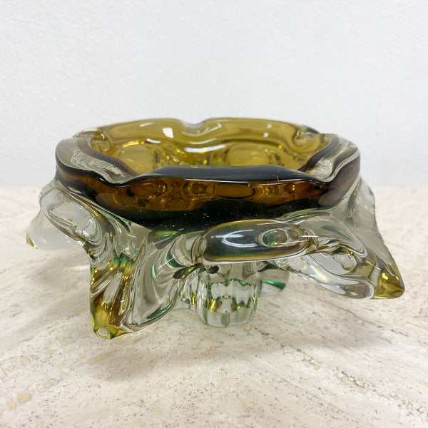 Mid Century Yellow And Green Art Glass Ashtray