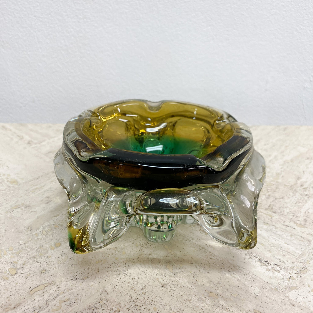 Mid Century Yellow And Green Art Glass Ashtray