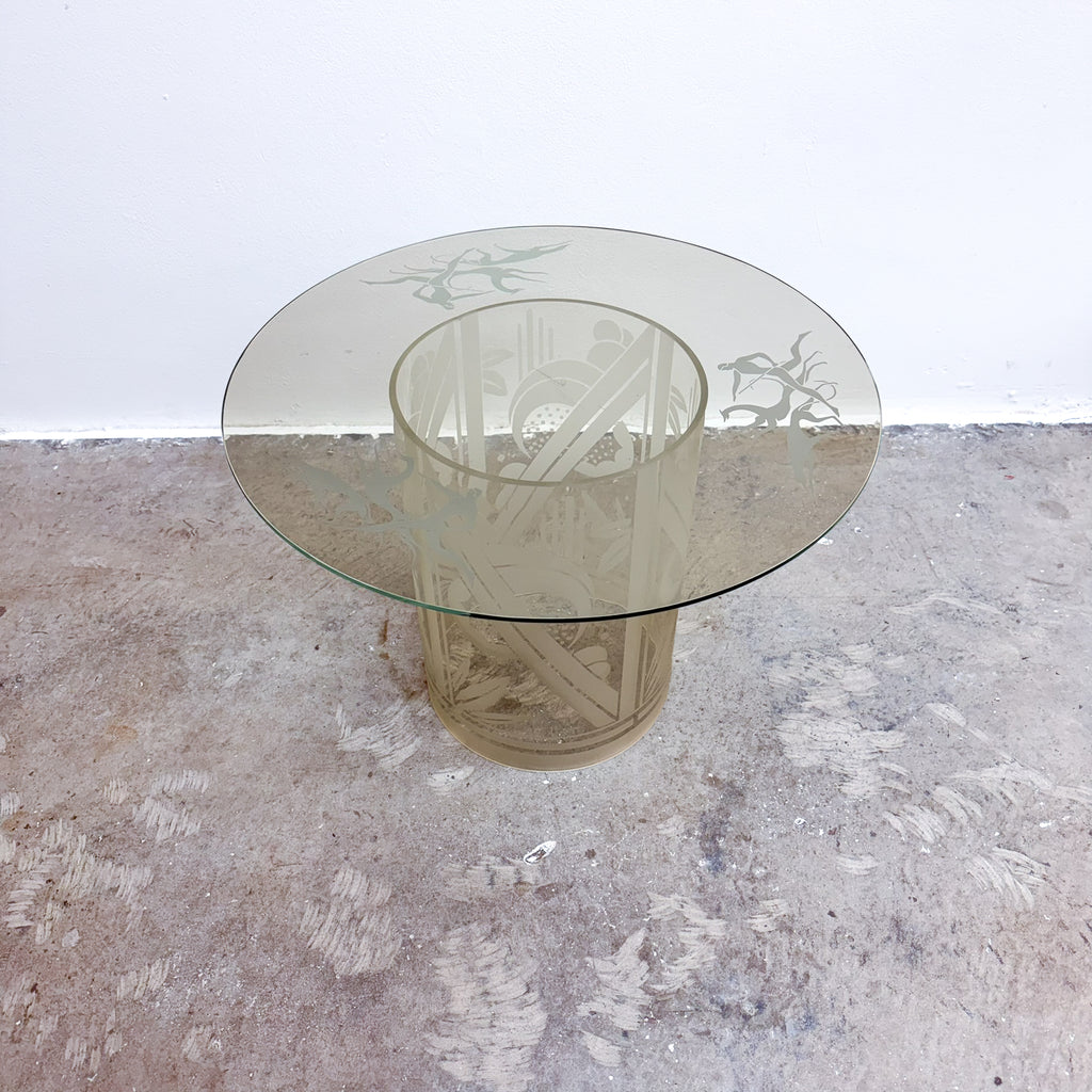 Vintage Round Glass Side Table With Etching Details