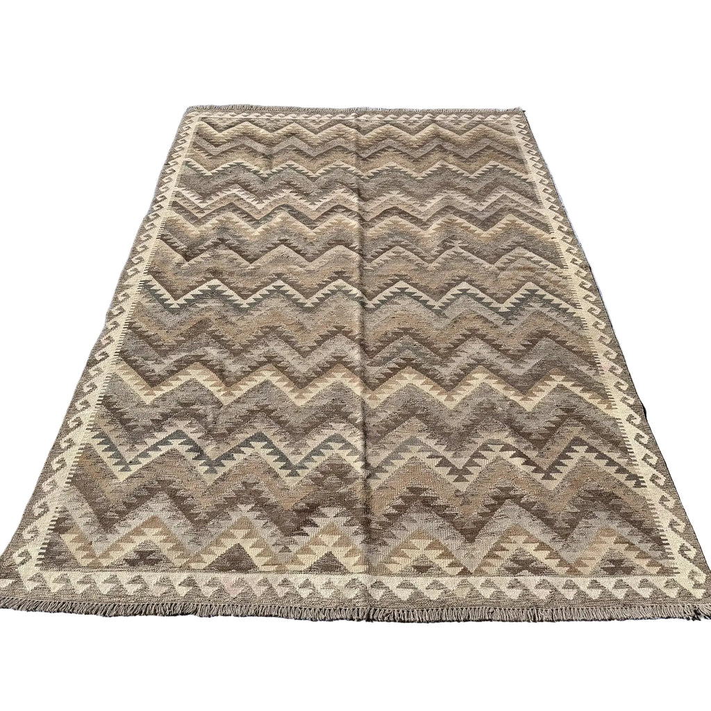 Large Hand Woven Afghan Beige and Grey Wool Kilim Rug #043