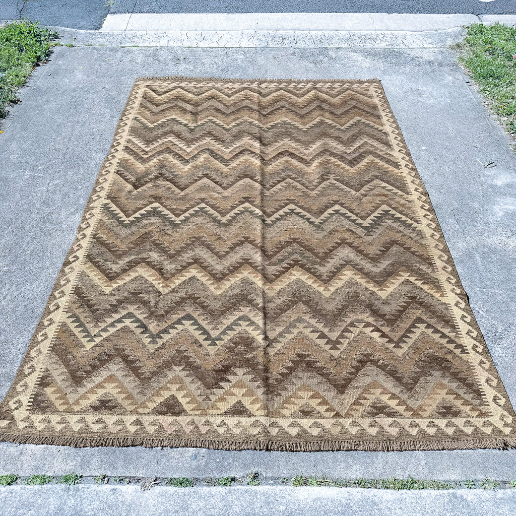 Large Hand Woven Afghan Beige and Grey Wool Kilim Rug #043
