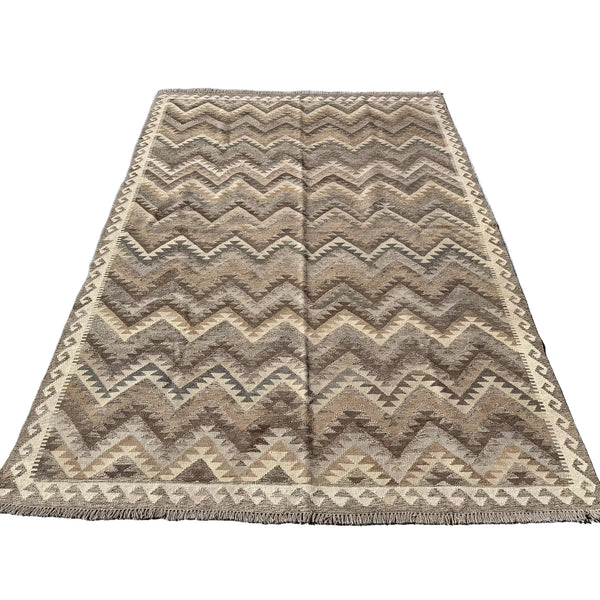 Large Hand Woven Afghan Beige and Grey Wool Kilim Rug #043