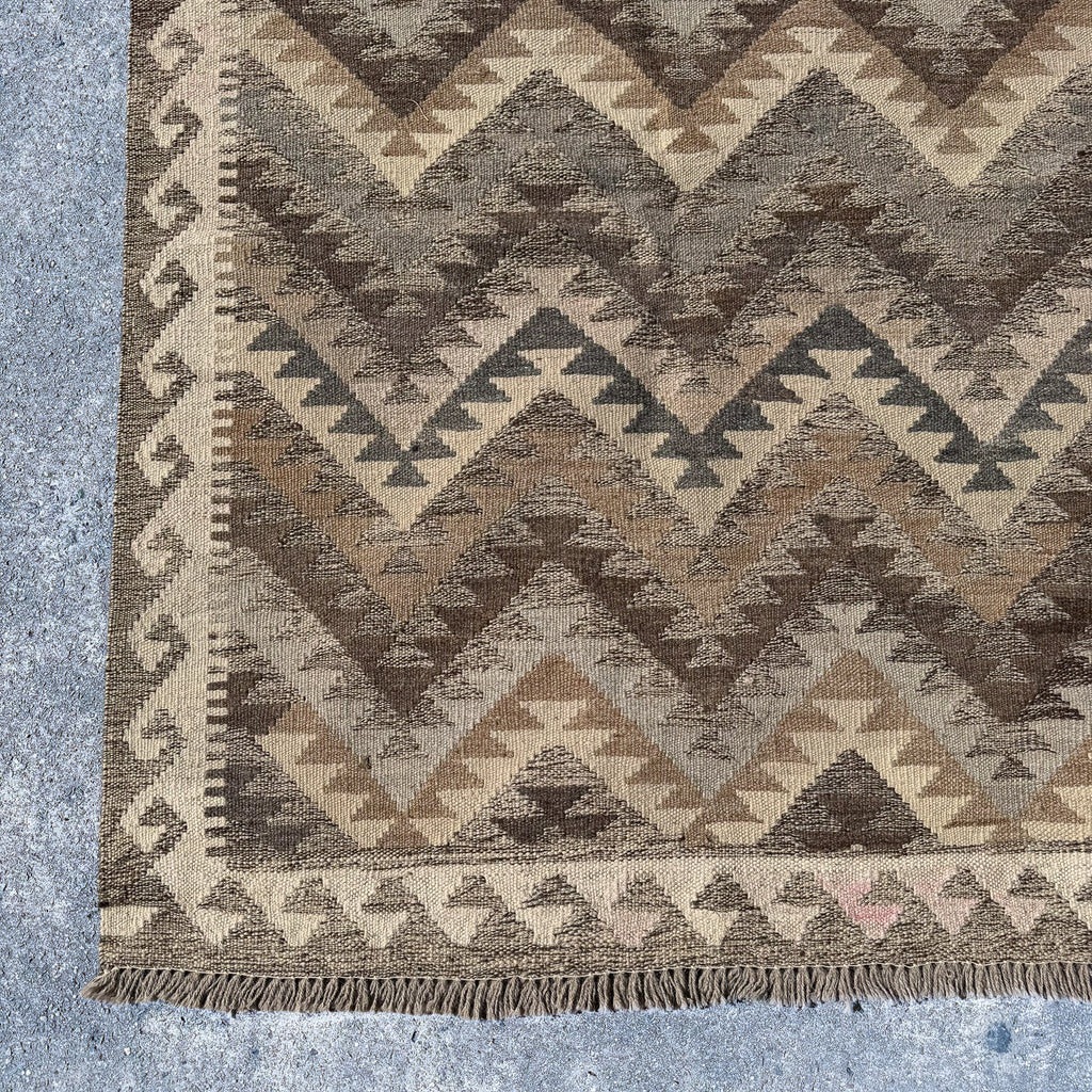 Large Hand Woven Afghan Beige and Grey Wool Kilim Rug #043