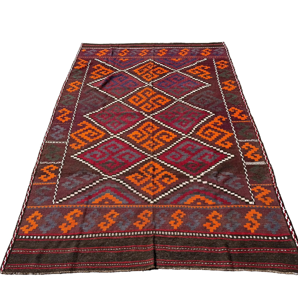 Large Hand Woven Afghan Burgundy Wool Kilim Rug #044