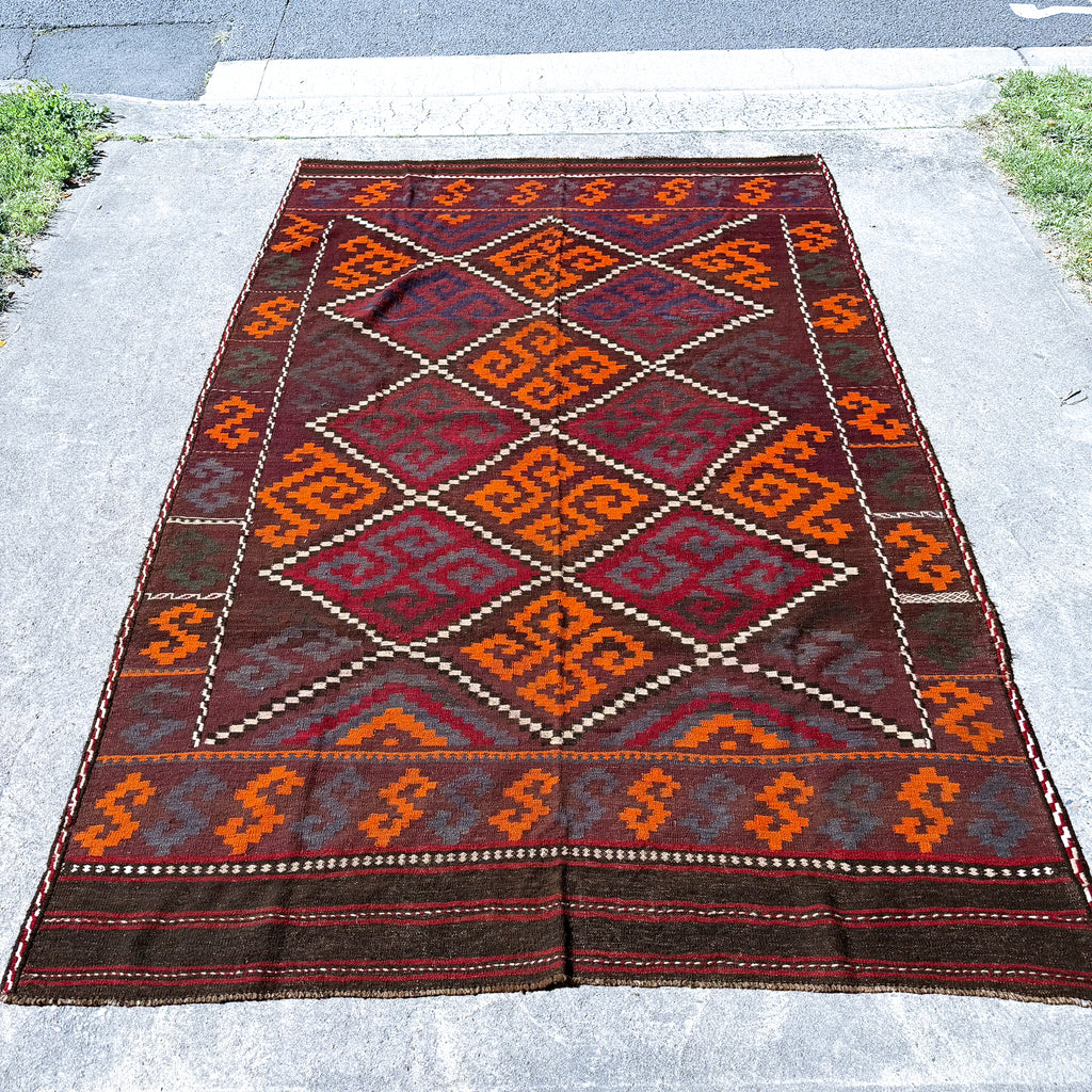 Large Hand Woven Afghan Burgundy Wool Kilim Rug #044