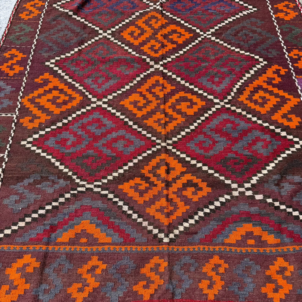 Large Hand Woven Afghan Burgundy Wool Kilim Rug #044