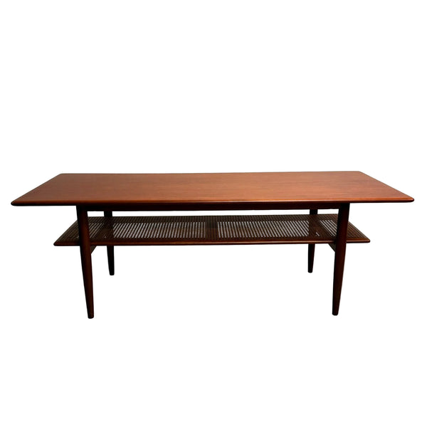 Large Restored Mid Century Teak Parker Coffee Table With Rattan Shelf Model 139