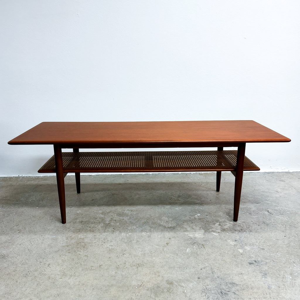 Large Restored Mid Century Teak Parker Coffee Table With Rattan Shelf Model 139