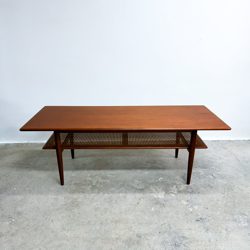 Large Restored Mid Century Teak Parker Coffee Table With Rattan Shelf Model 139