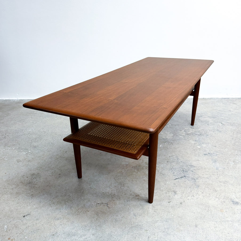 Large Restored Mid Century Teak Parker Coffee Table With Rattan Shelf Model 139