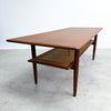 Large Restored Mid Century Teak Parker Coffee Table With Rattan Shelf Model 139