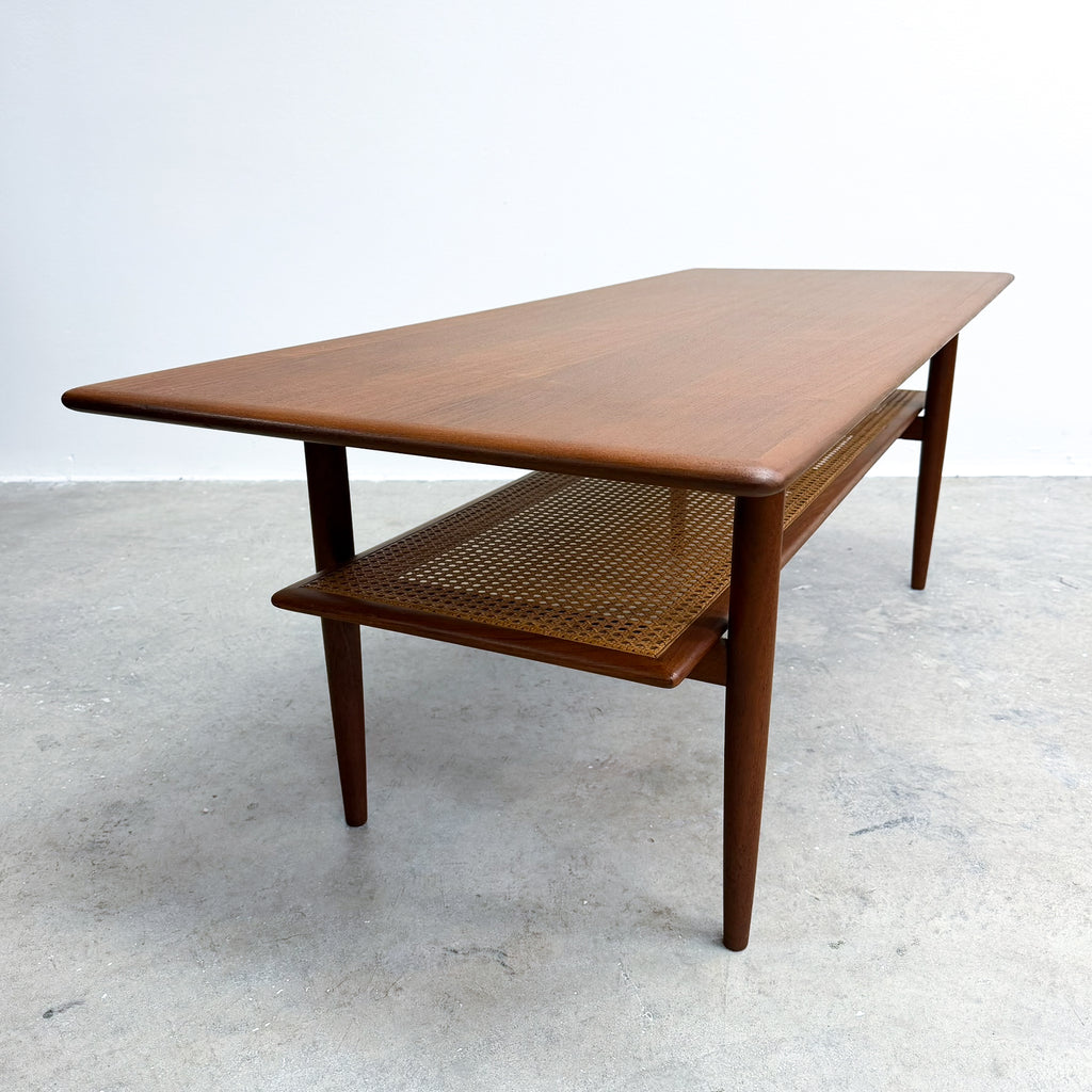 Large Restored Mid Century Teak Parker Coffee Table With Rattan Shelf Model 139
