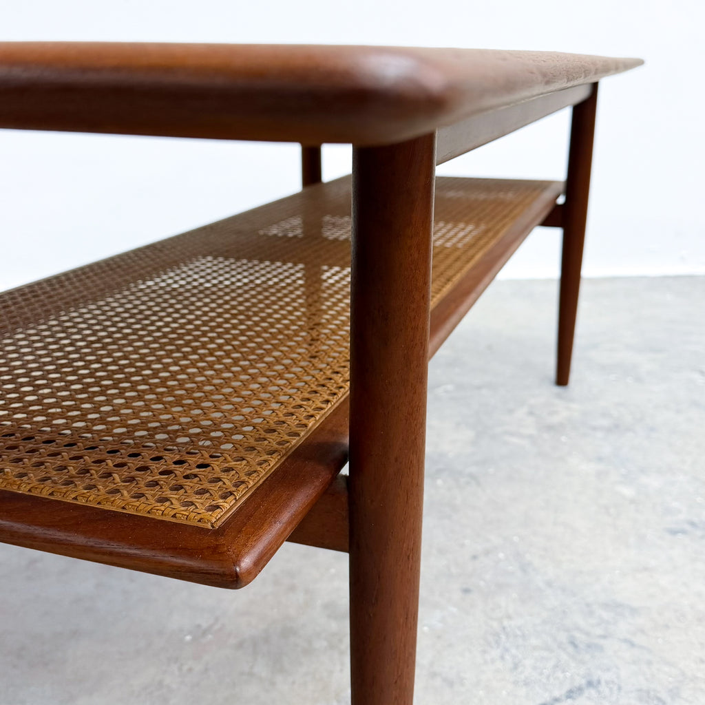 Large Restored Mid Century Teak Parker Coffee Table With Rattan Shelf Model 139