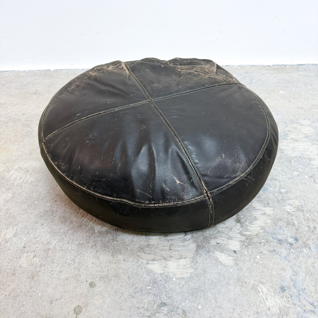 Vintage Black Leather Ottoman Footstool