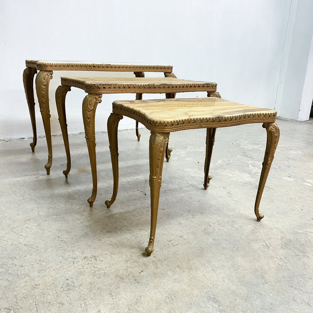 Mid 20th Century Vintage Hollywood Regency Italian Marble & Brass Nest of Tables