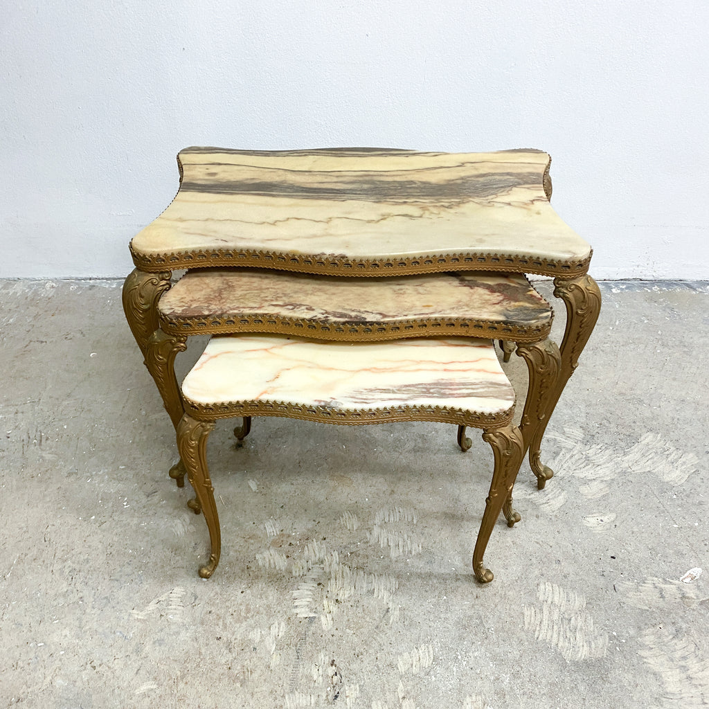 Mid 20th Century Vintage Hollywood Regency Italian Marble & Brass Nest of Tables