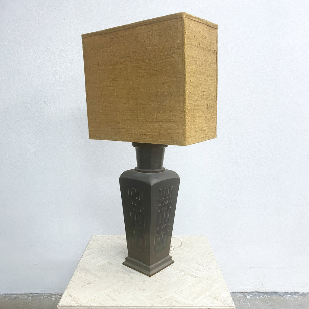 Mid Century 1960's Pewter & Brass Chinoiserie Patterned Lamp