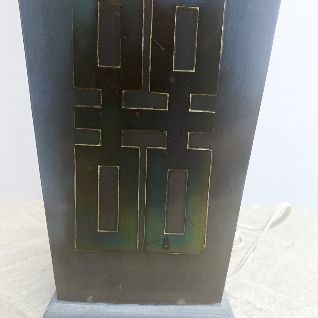 Mid Century 1960's Pewter & Brass Chinoiserie Patterned Lamp