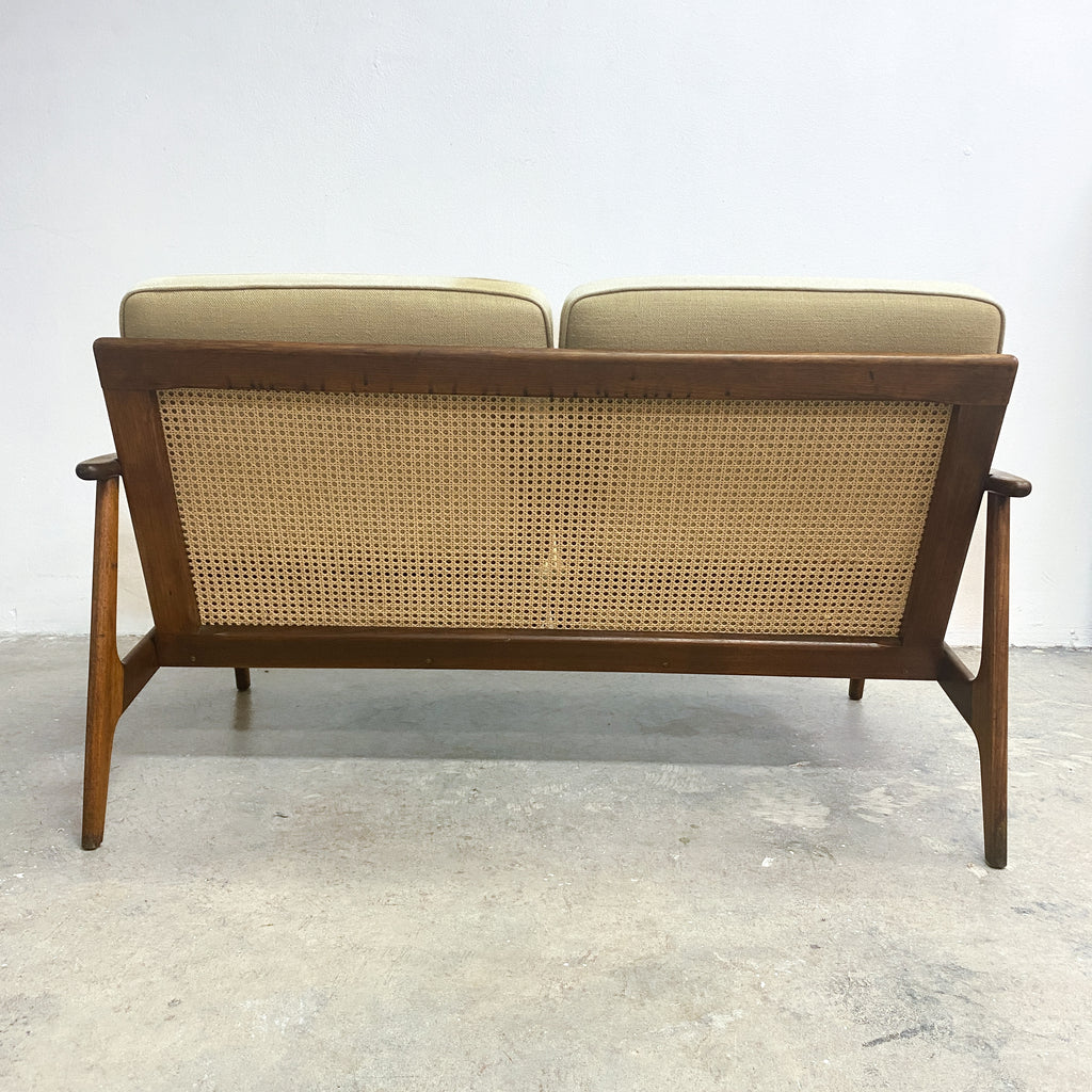 Mid Century 2 Seater Lounge Parker Rattan Back Lounge - Newly Upholstered