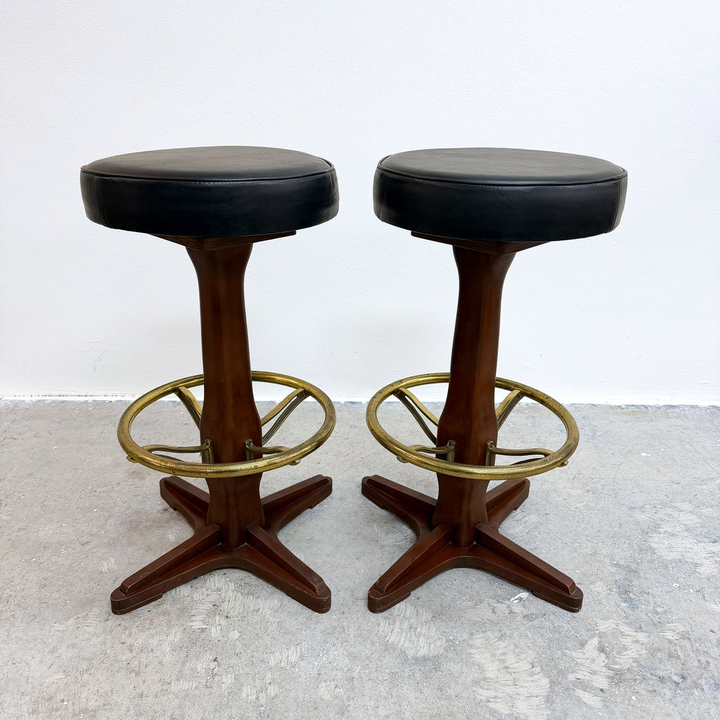 Mid Century 60s-70s Pair Of Swivel Bar Stools With Brass Footrest