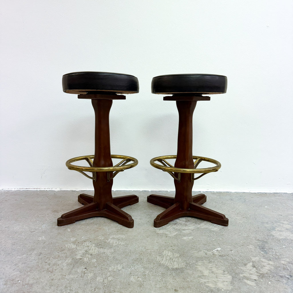 Mid Century 60s-70s Pair Of Swivel Bar Stools With Brass Footrest