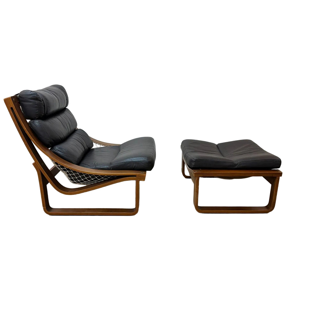 Mid Century Black Leather Tessa T4 Lounge Chair With Foot Stool