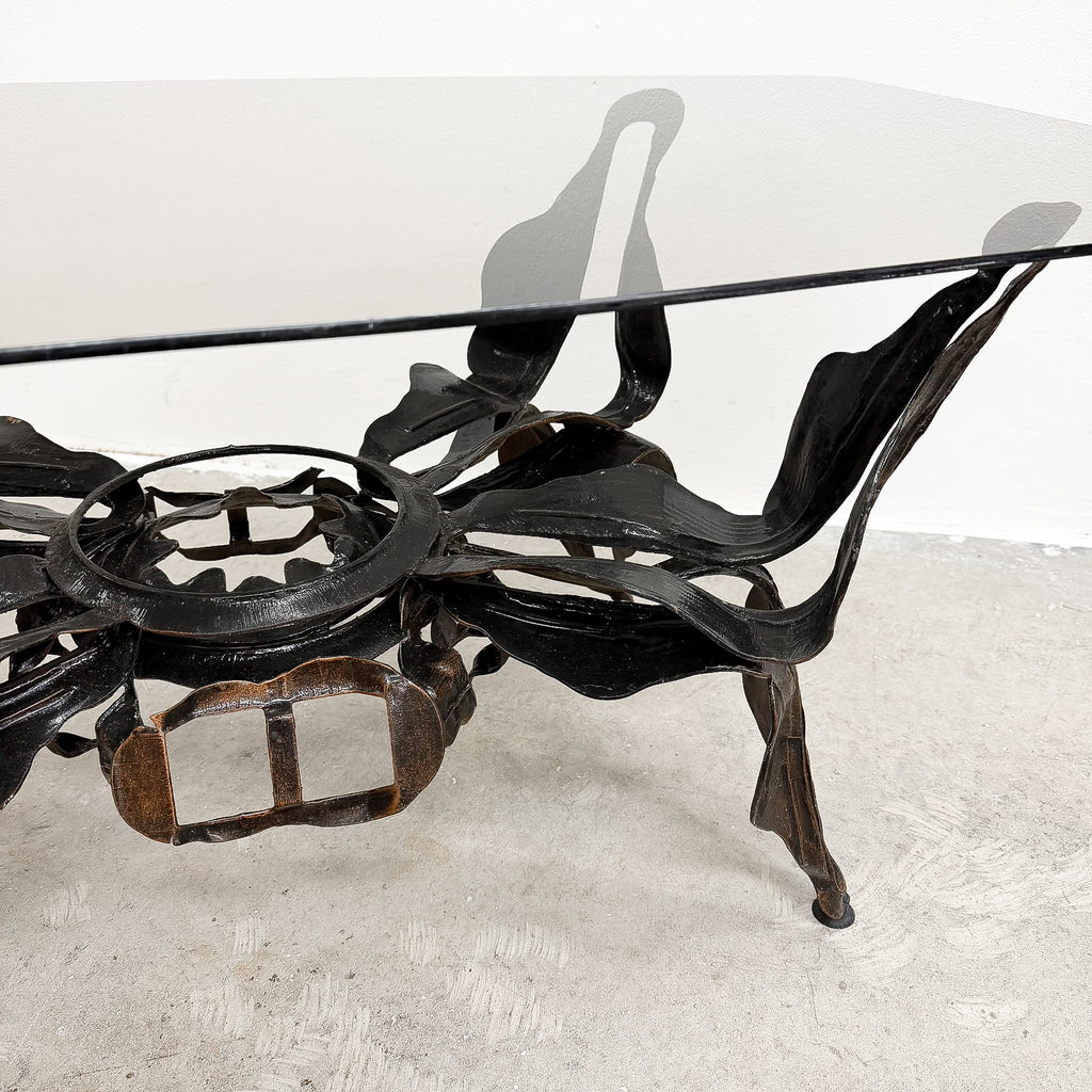 Mid Century Brutalist Coffee Table With Smokey Glass Top