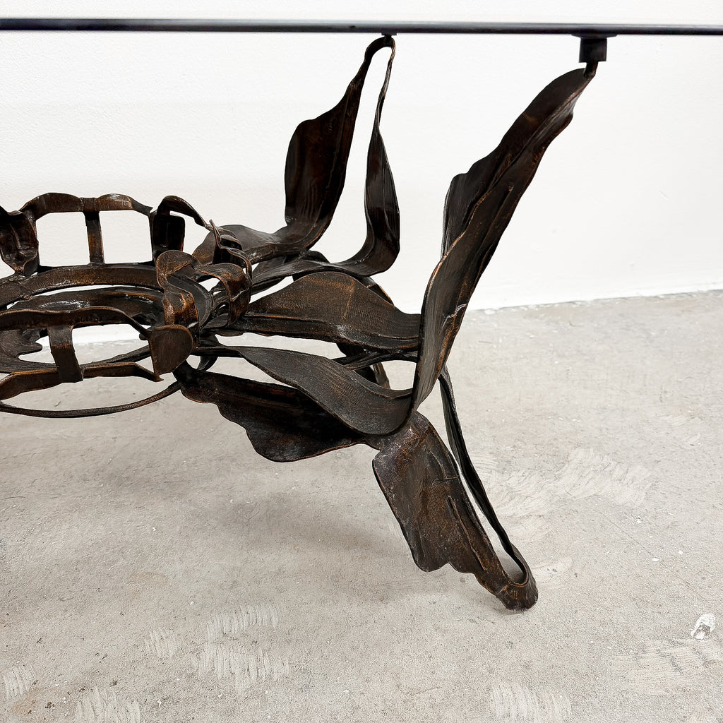 Mid Century Brutalist Coffee Table With Smokey Glass Top
