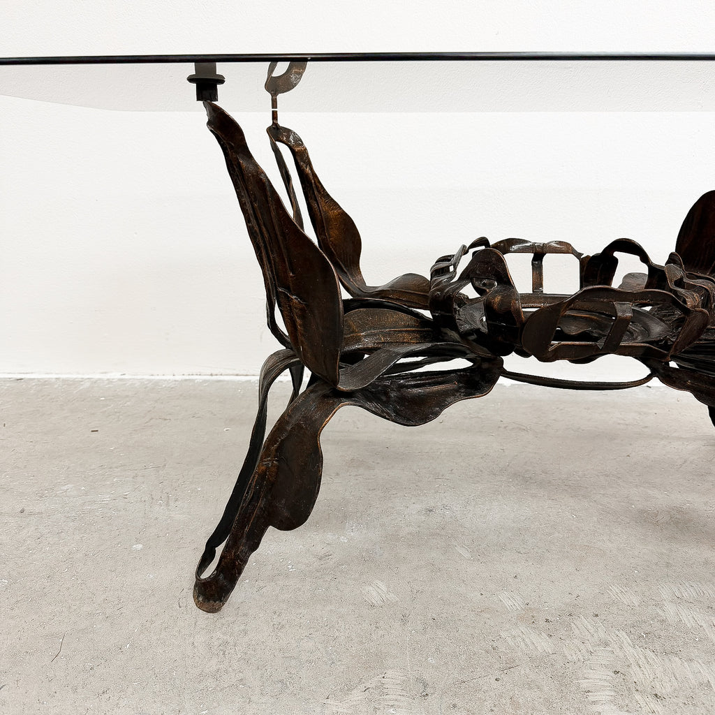 Mid Century Brutalist Coffee Table With Smokey Glass Top