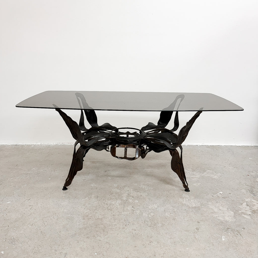 Mid Century Brutalist Coffee Table With Smokey Glass Top