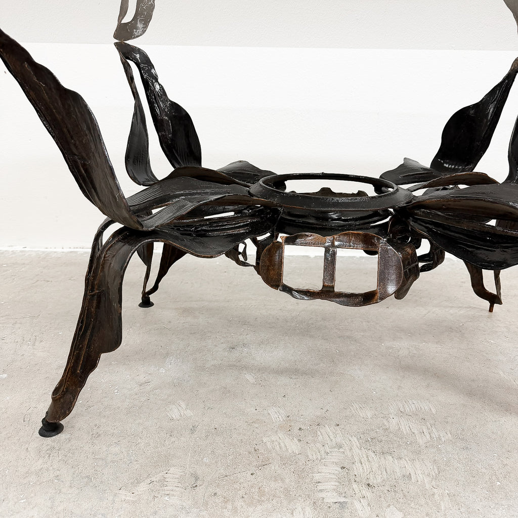Mid Century Brutalist Coffee Table With Smokey Glass Top