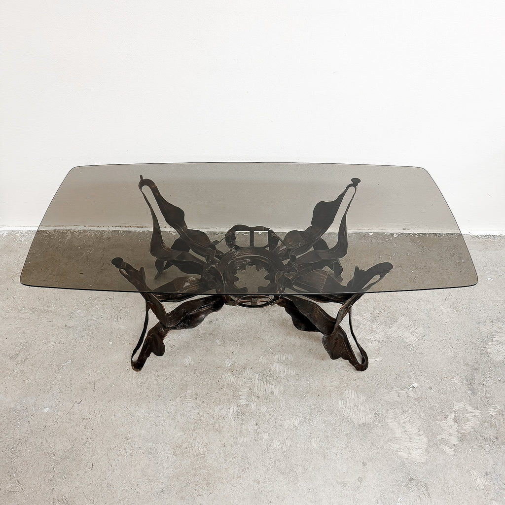 Mid Century Brutalist Coffee Table With Smokey Glass Top