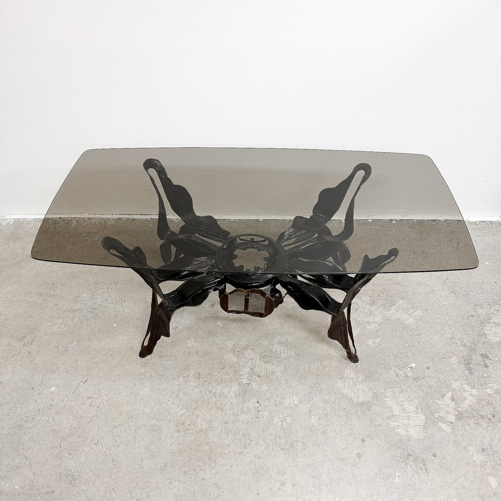 Mid Century Brutalist Coffee Table With Smokey Glass Top