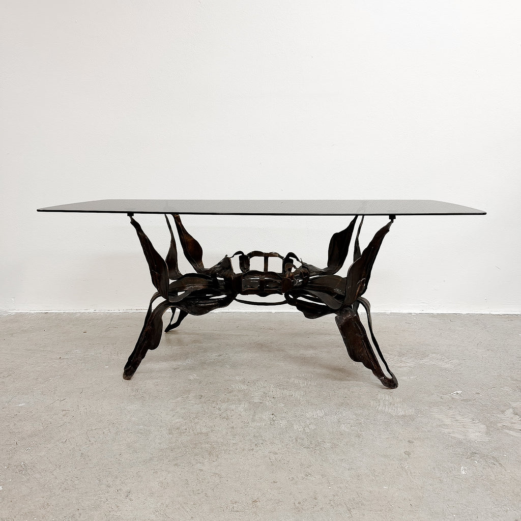 Mid Century Brutalist Coffee Table With Smokey Glass Top