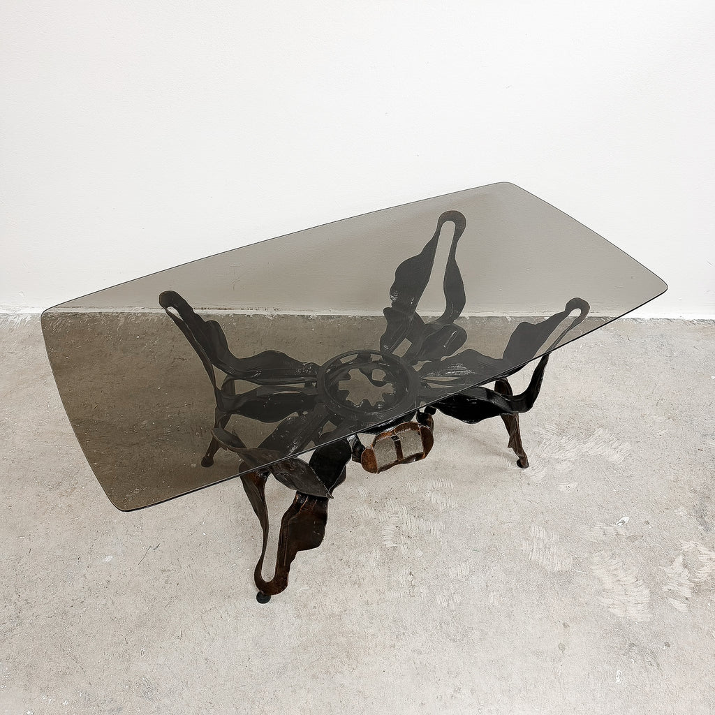 Mid Century Brutalist Coffee Table With Smokey Glass Top