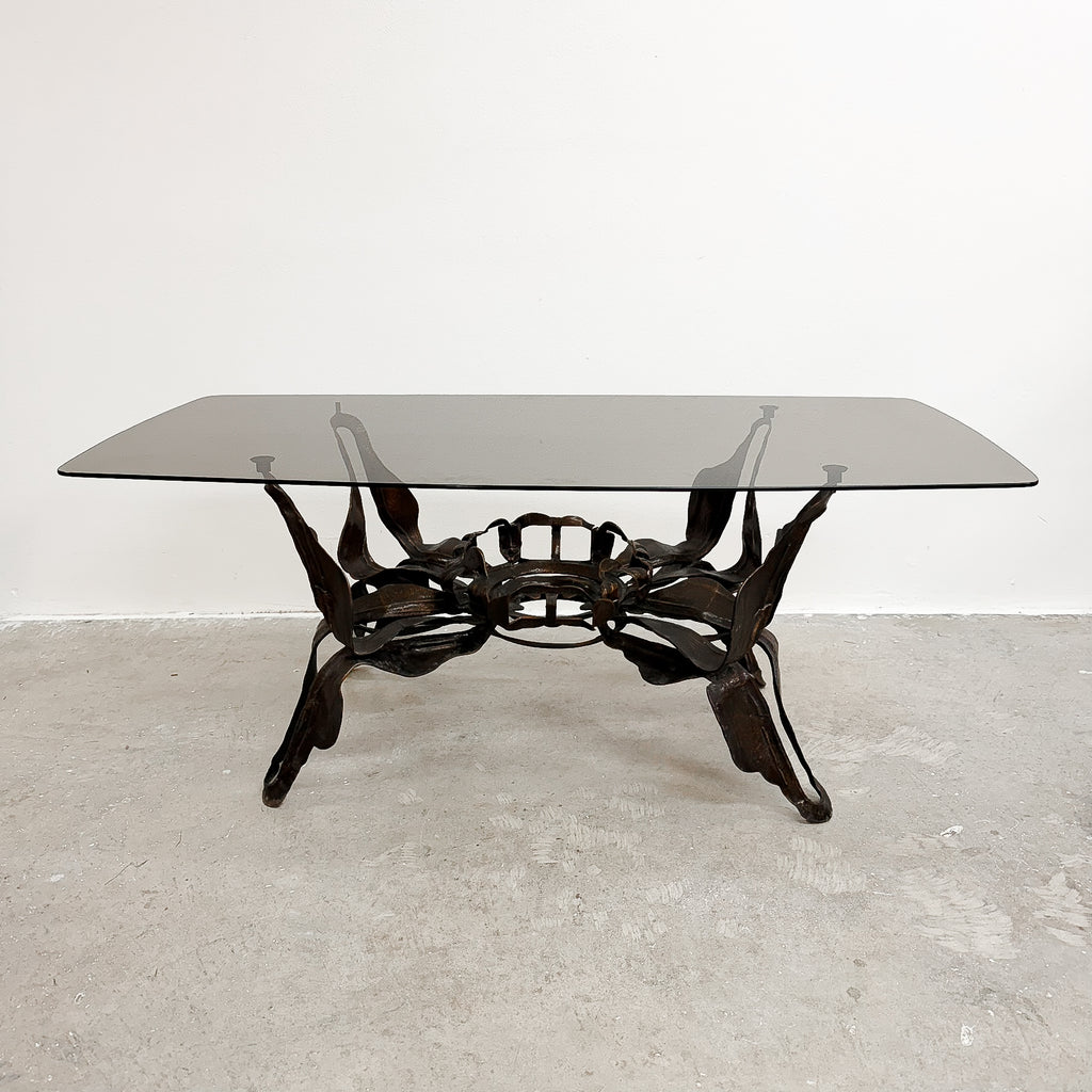 Mid Century Brutalist Coffee Table With Smokey Glass Top
