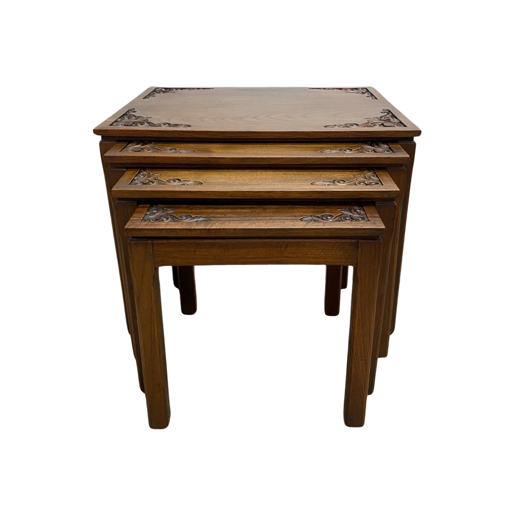 Mid Century Carved Top Solid Wood Nest of 4 Tables 1960s