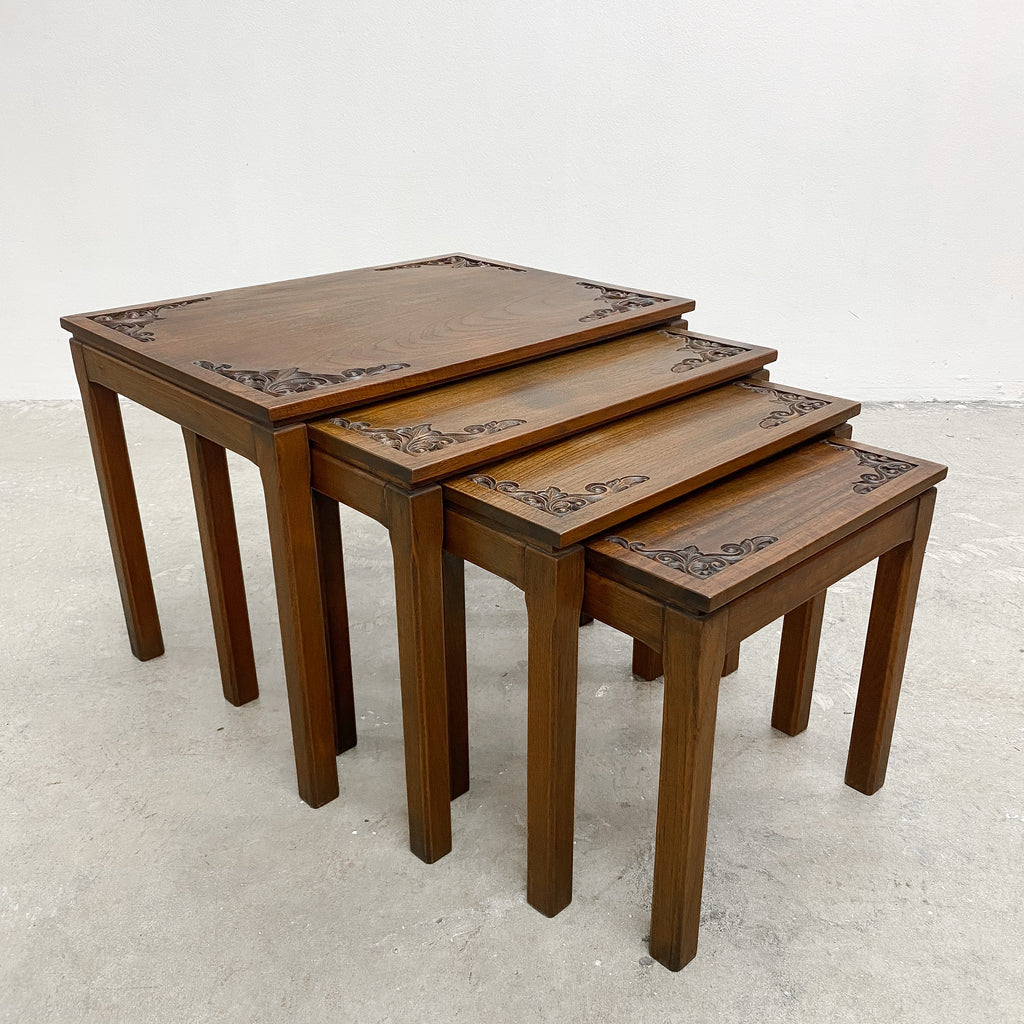 Mid Century Carved Top Solid Wood Nest of 4 Tables 1960s