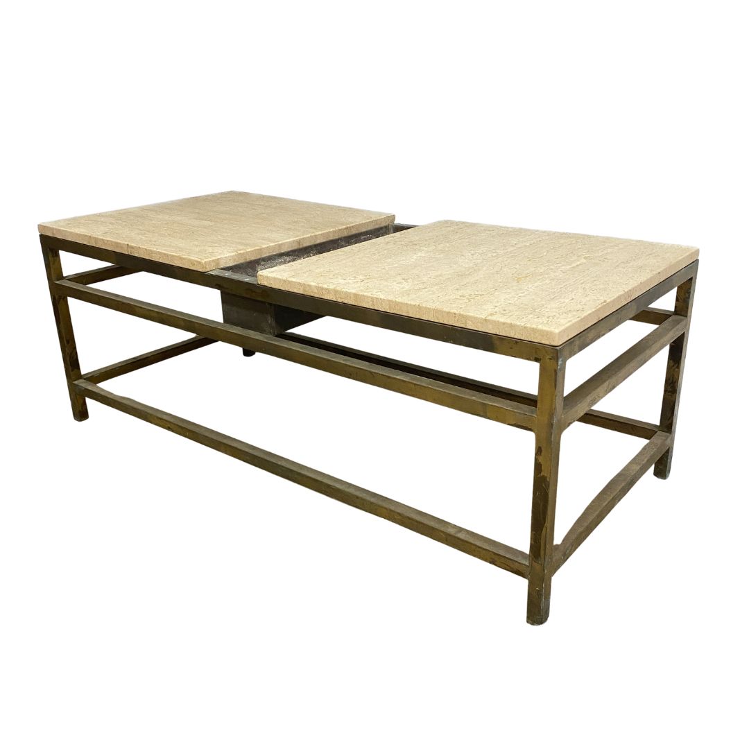 Mid Century Custom Made Brass and Travertine Coffee Table