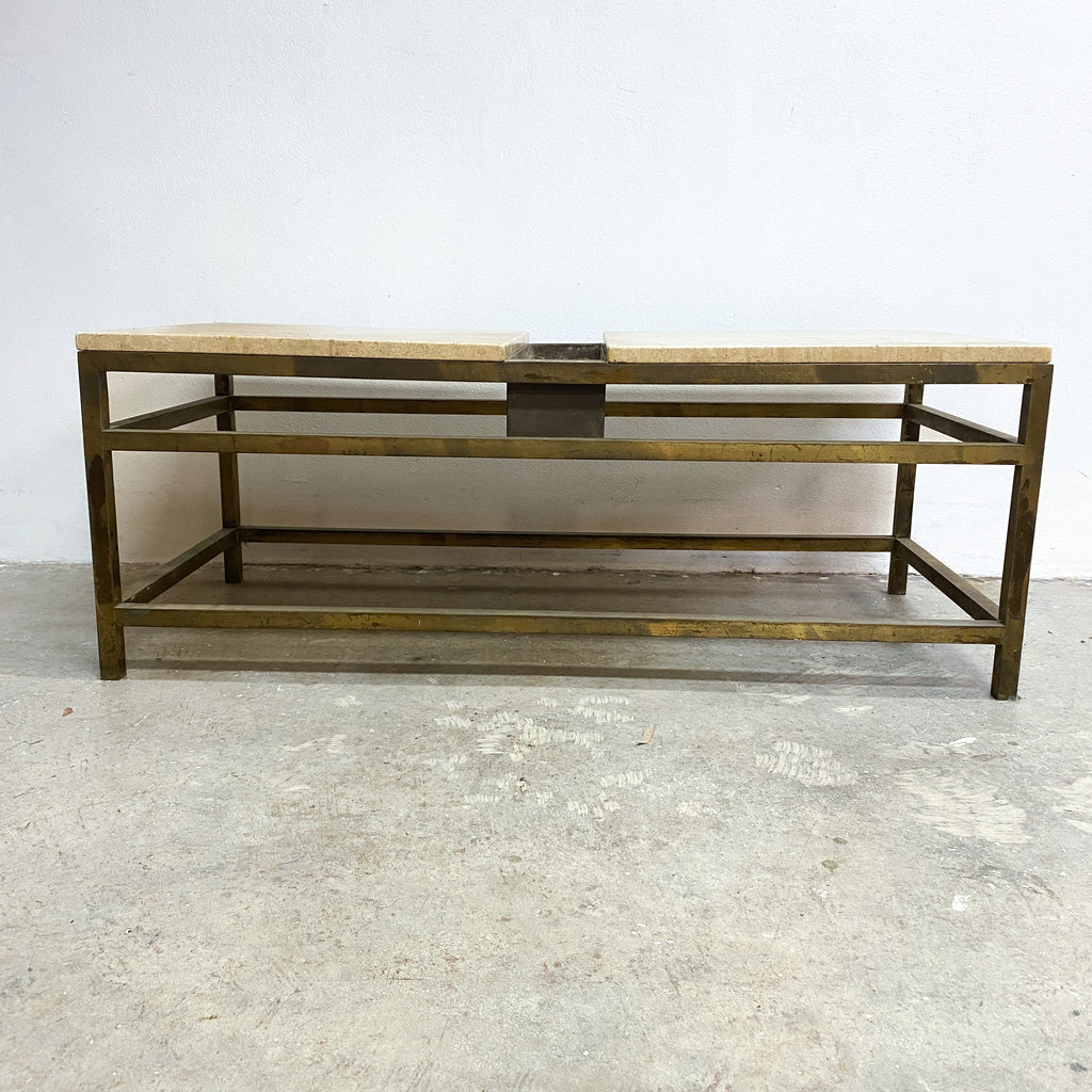 Mid Century Custom Made Brass and Travertine Coffee Table